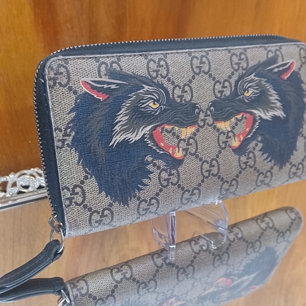 GUCCI GG Supreme Monogram Double Wolf Print Zip Around Wallet Black - Picture 4 of 15